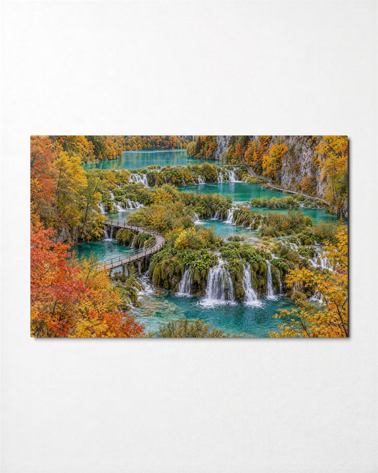 Turquoise Steps and Autumn glass wall art, front view