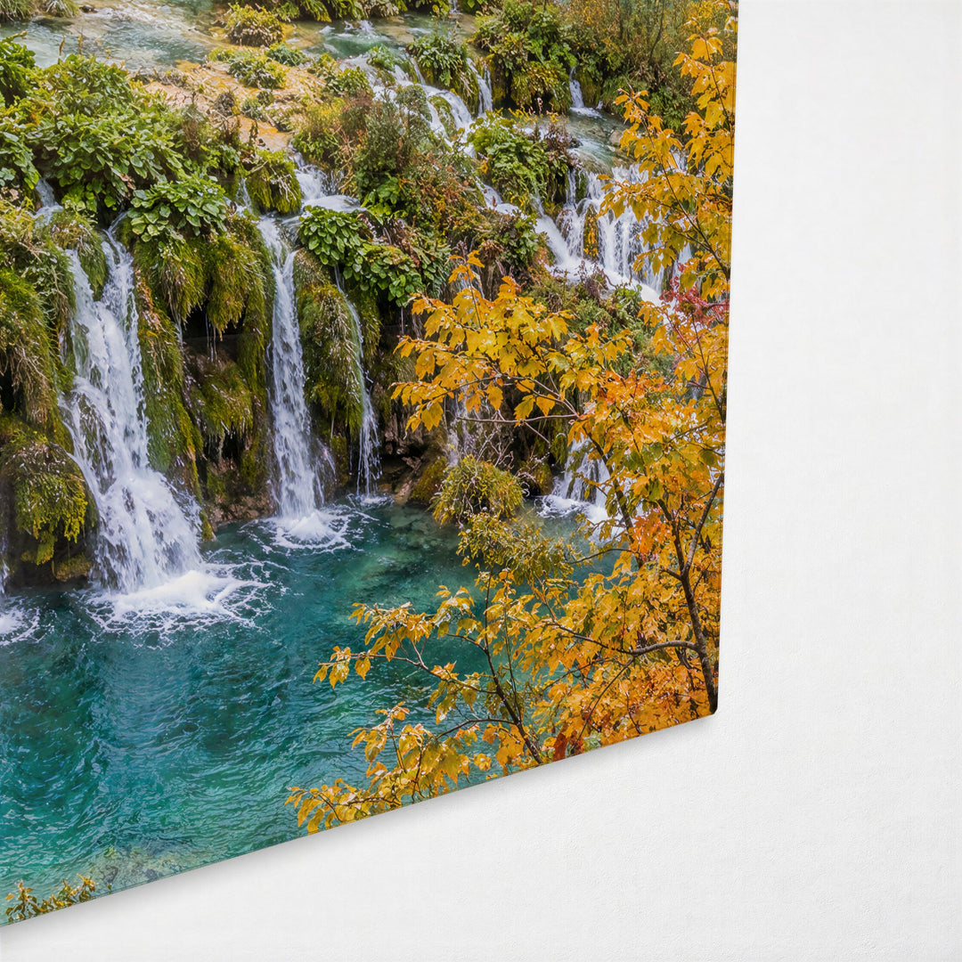 Turquoise Steps and Autumn glass wall art, corner view