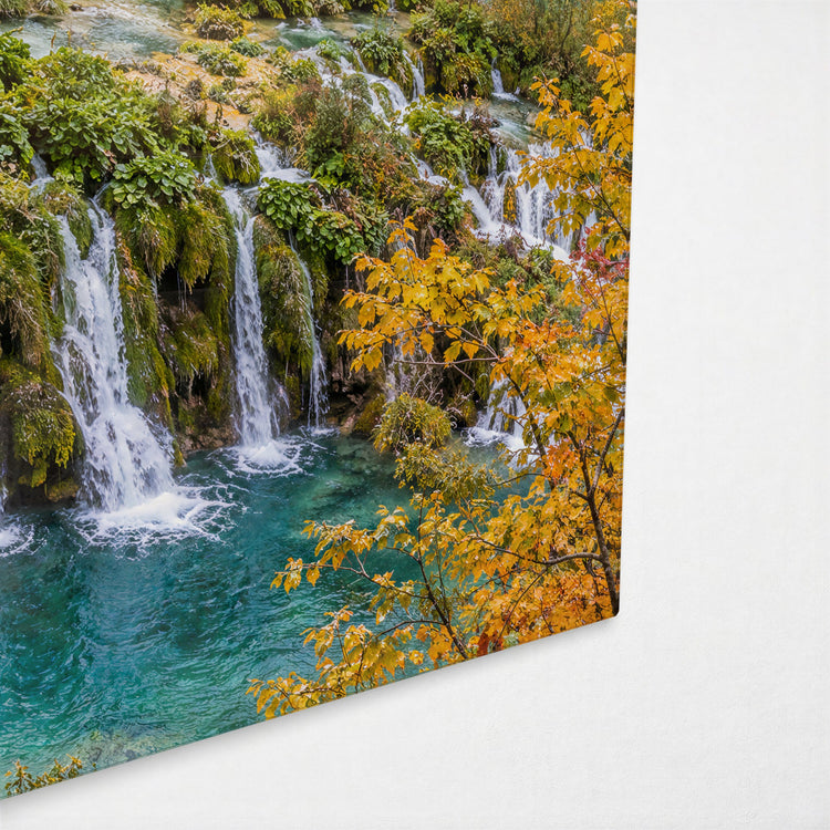 Turquoise Steps and Autumn glass wall art, corner view