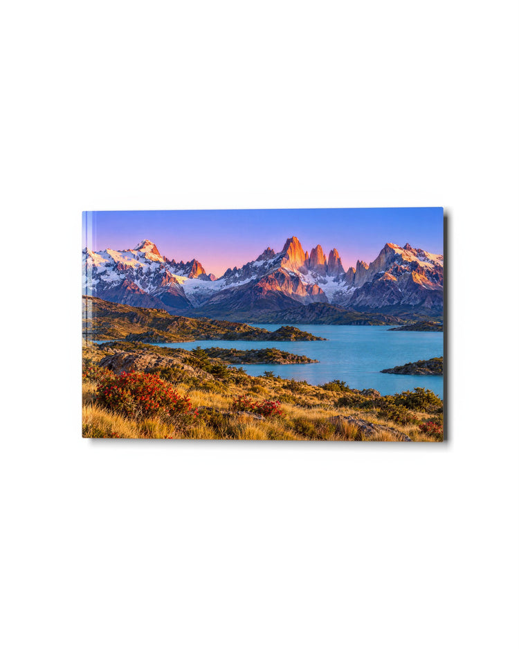 Orange Light on Granite Towers glass wall art, studio view