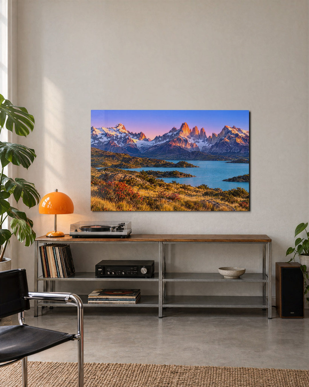 Orange Light on Granite Towers glass wall art, lifestyle view