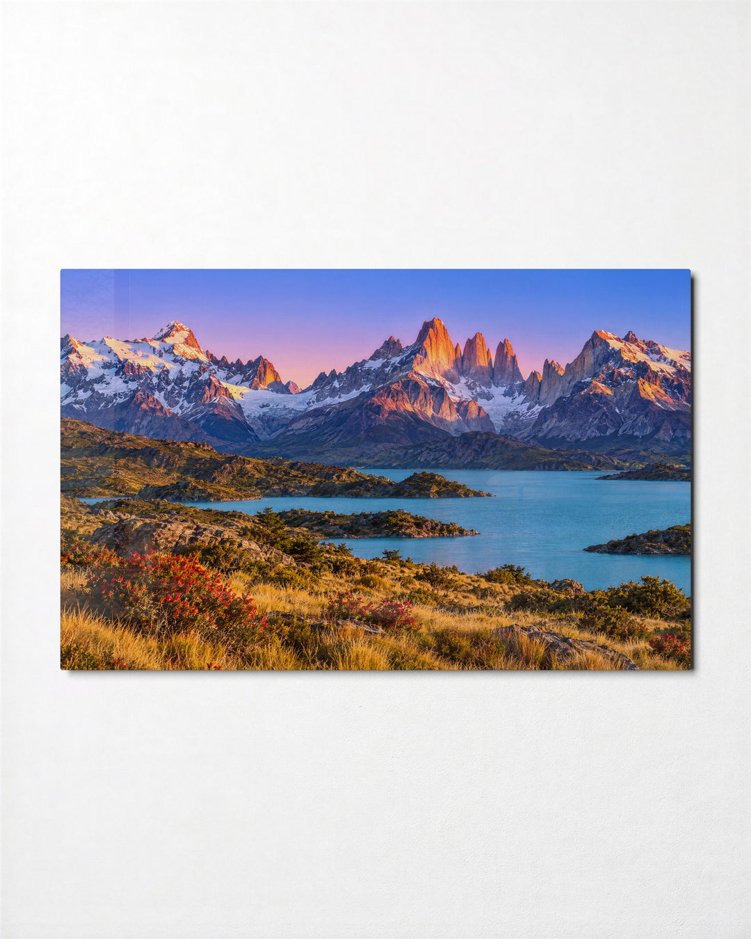 Orange Light on Granite Towers glass wall art, front view