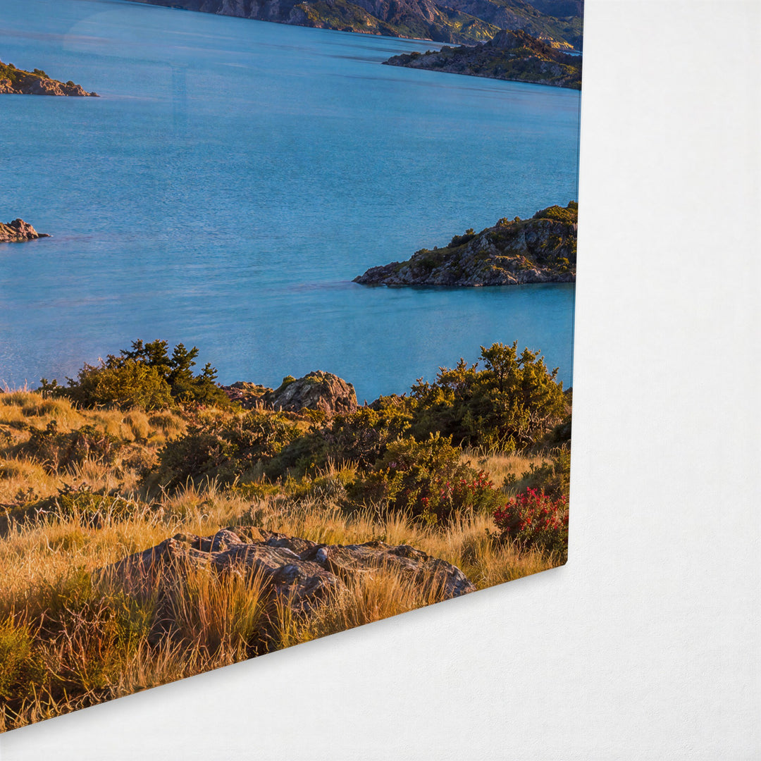 Orange Light on Granite Towers glass wall art, corner view