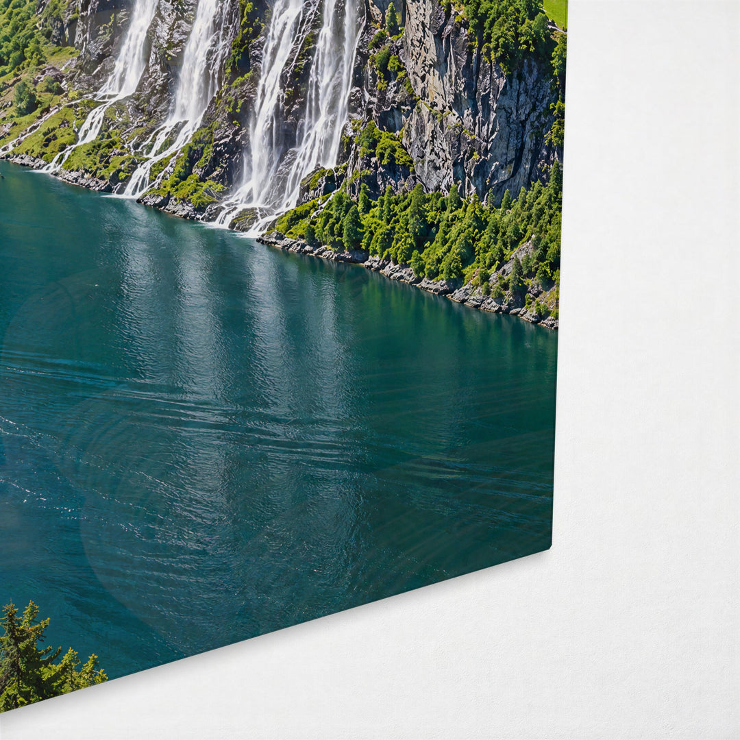 Falls Down Green Walls glass wall art, corner view