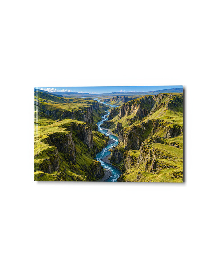 River Through Mossy Walls glass wall art, studio view