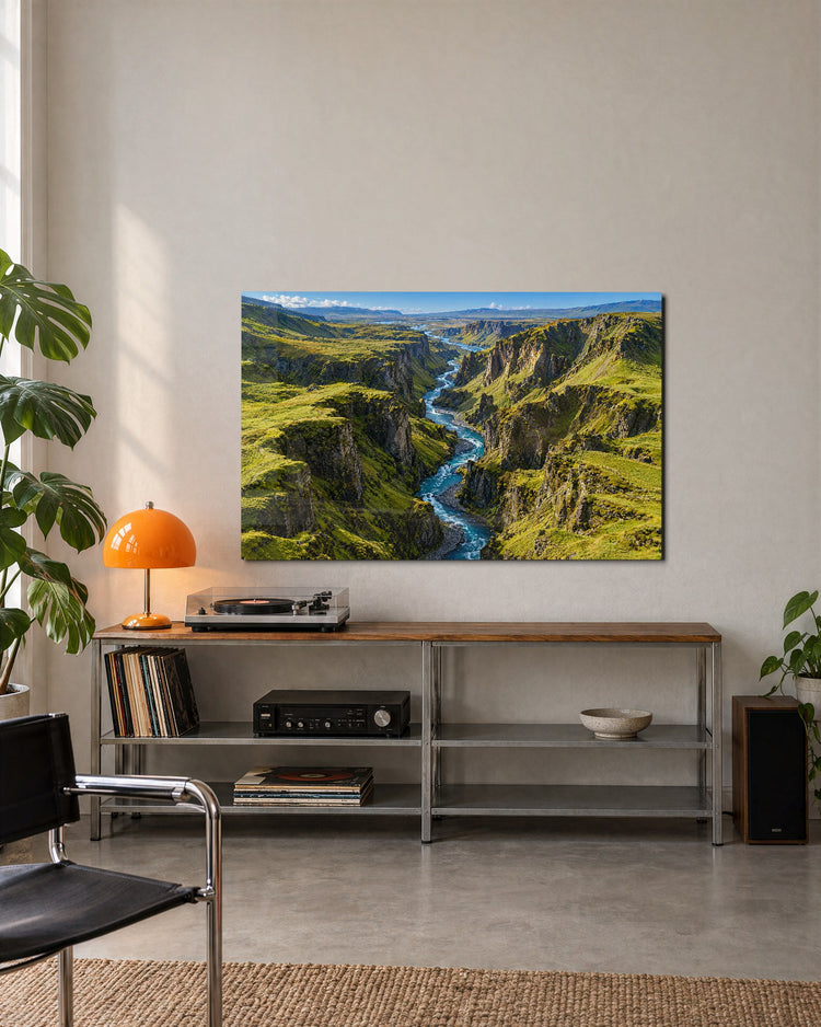 River Through Mossy Walls glass wall art, lifestyle view