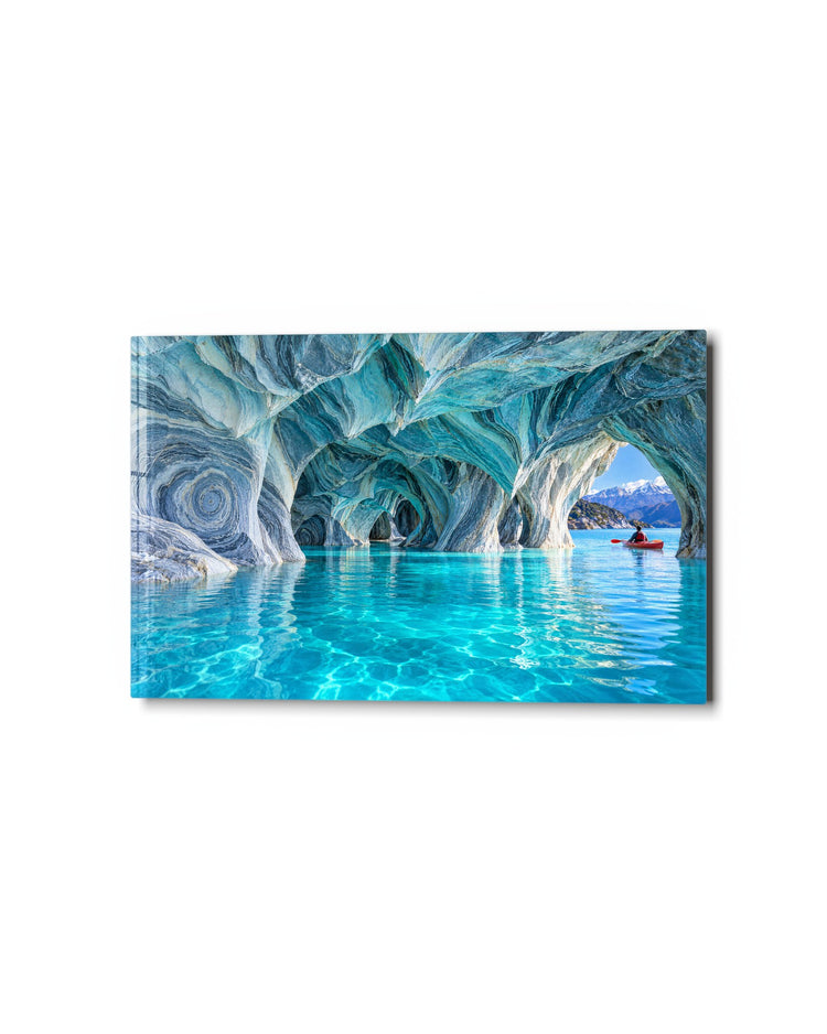 Paddler in Blue Grottos glass wall art, studio view