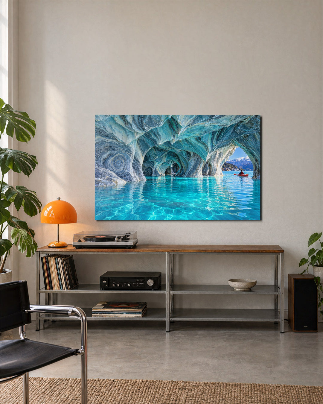 Paddler in Blue Grottos glass wall art, lifestyle view