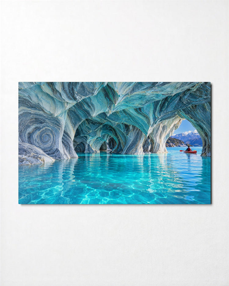 Paddler in Blue Grottos glass wall art, front view