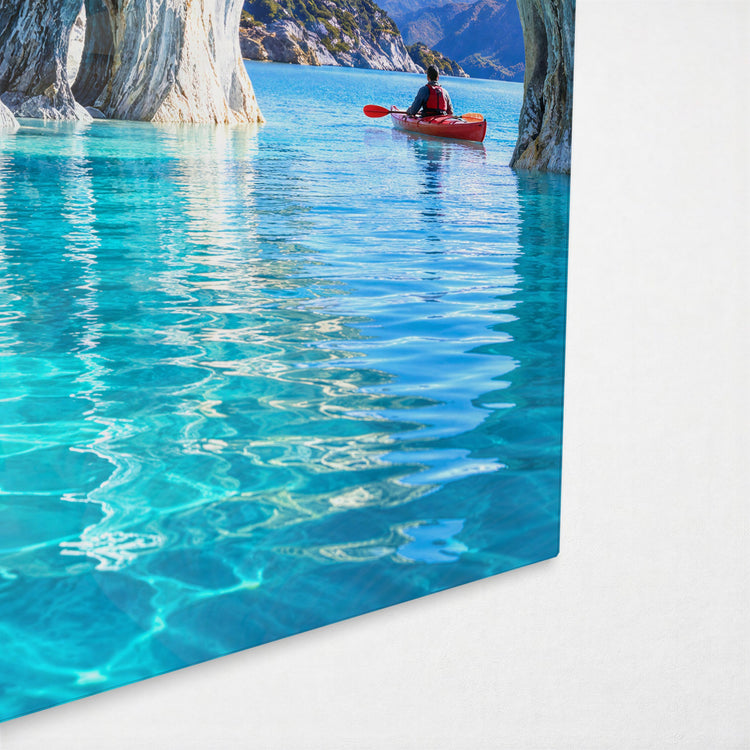 Paddler in Blue Grottos glass wall art, corner view