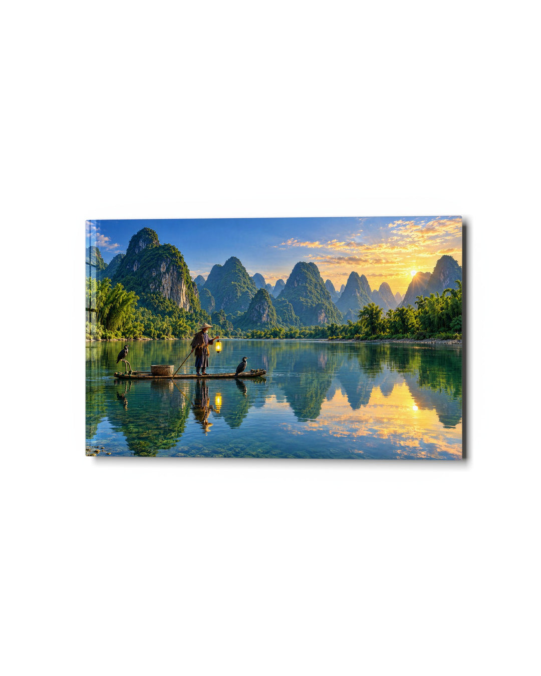 River Fisher at Daybreak glass wall art, studio view