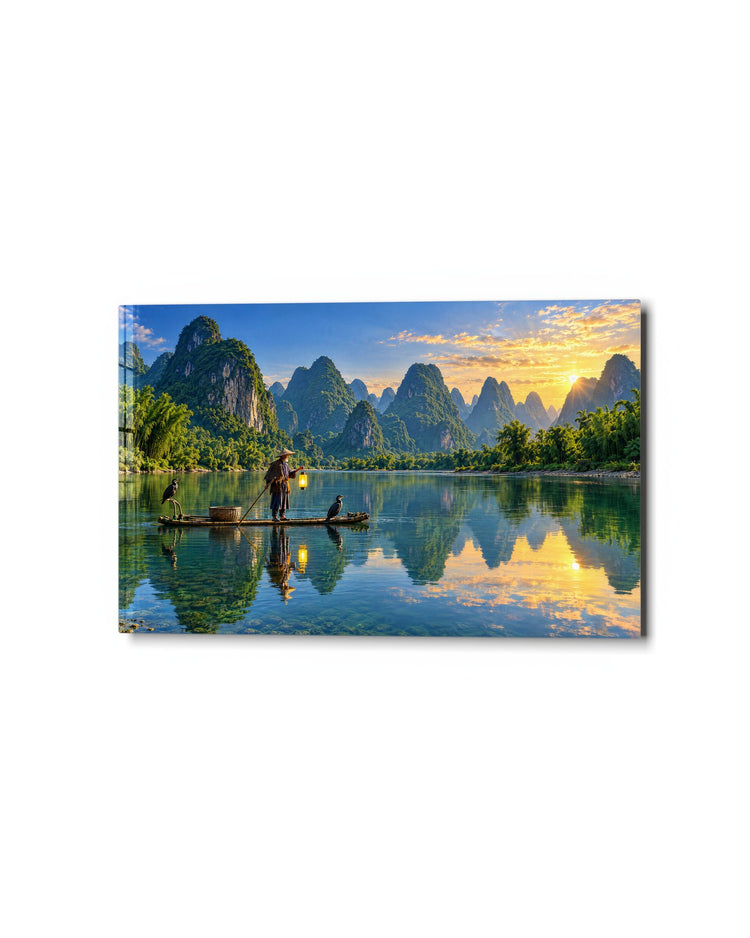 River Fisher at Daybreak glass wall art, studio view