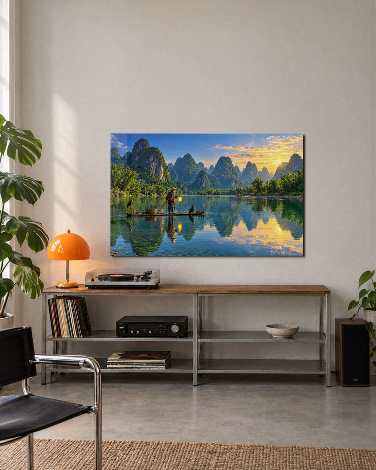 River Fisher at Daybreak glass wall art, lifestyle view