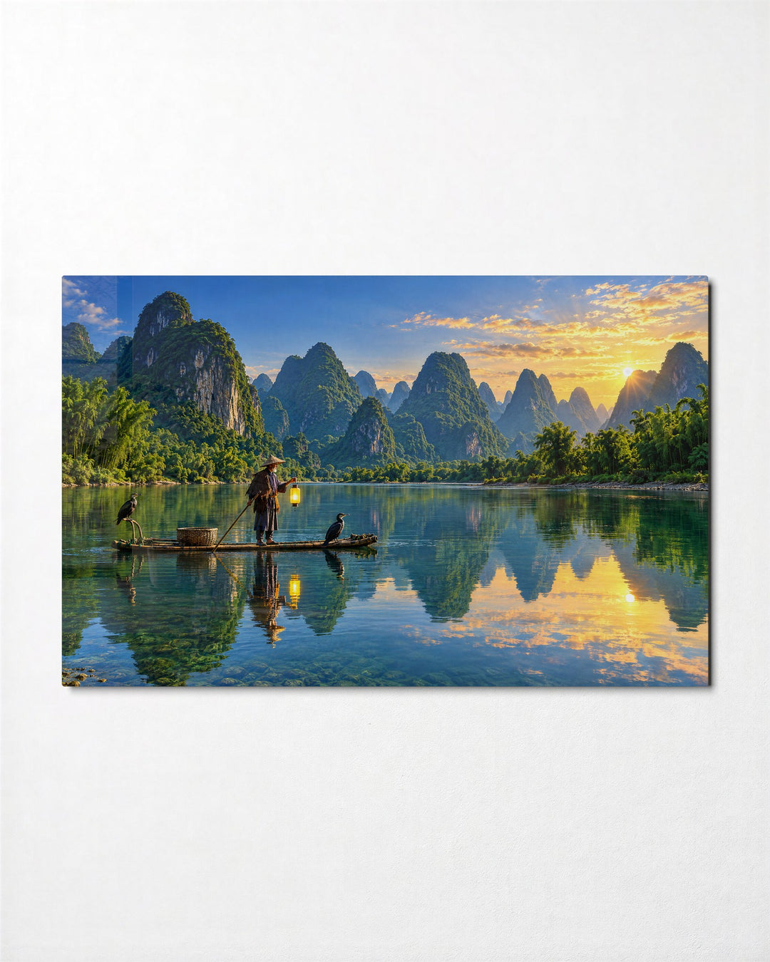River Fisher at Daybreak glass wall art, front view