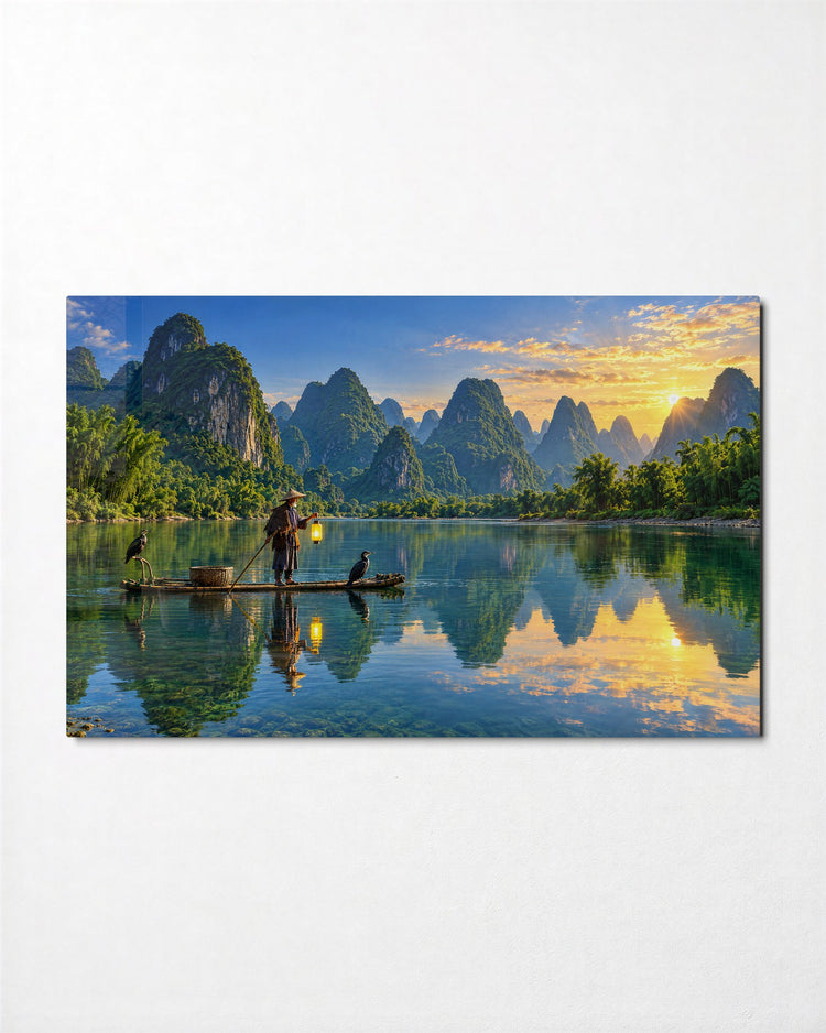 River Fisher at Daybreak glass wall art, front view