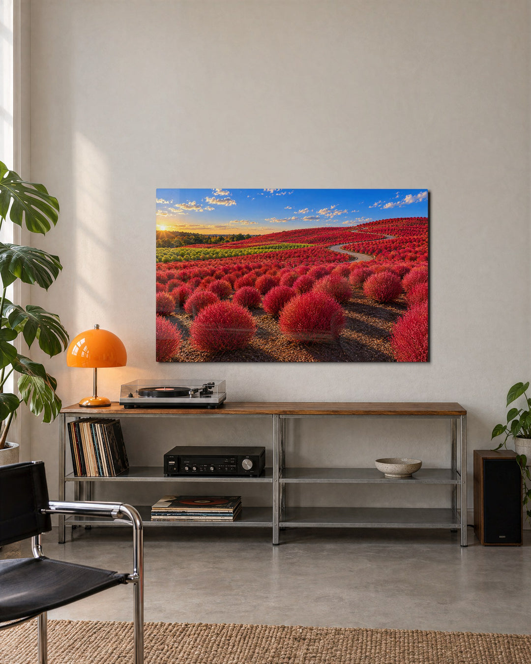 Rolling Red Bushes glass wall art, lifestyle view