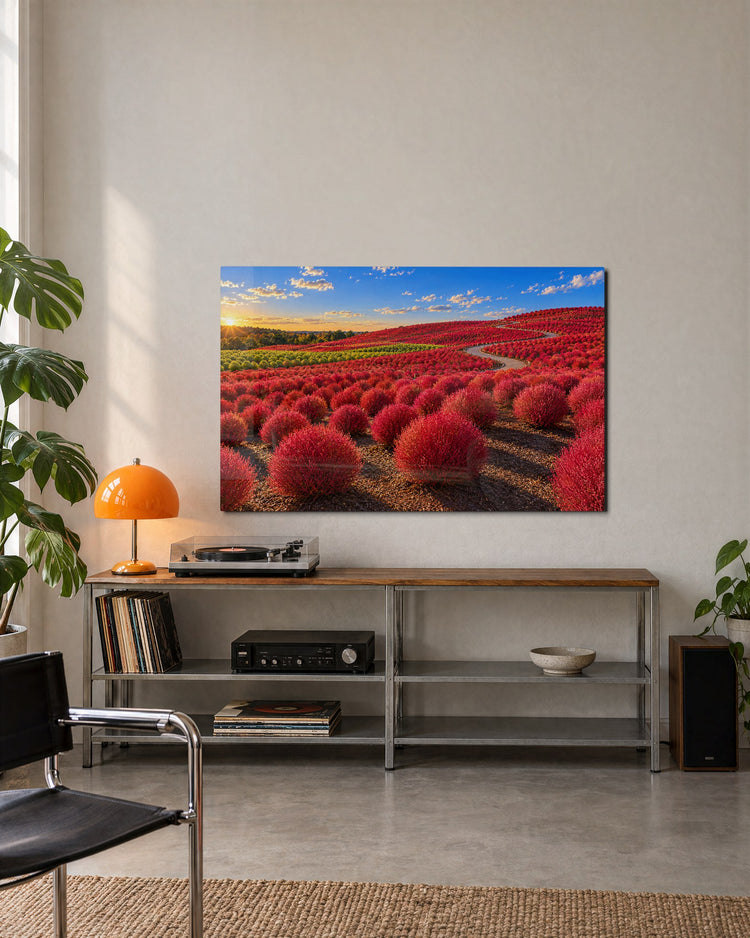 Rolling Red Bushes glass wall art, lifestyle view