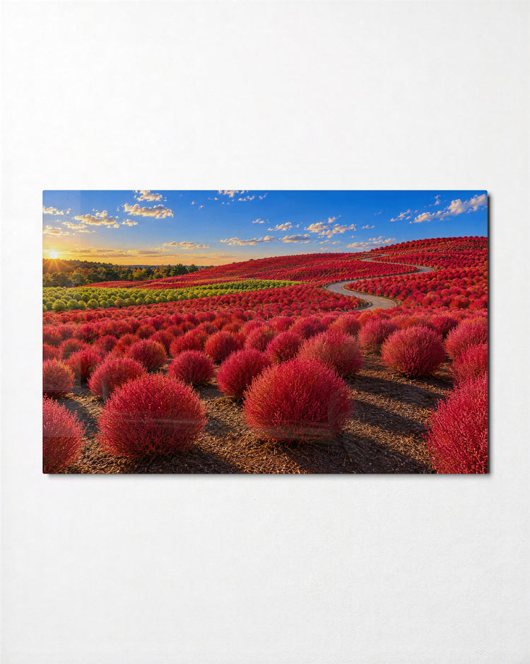 Rolling Red Bushes glass wall art, front view