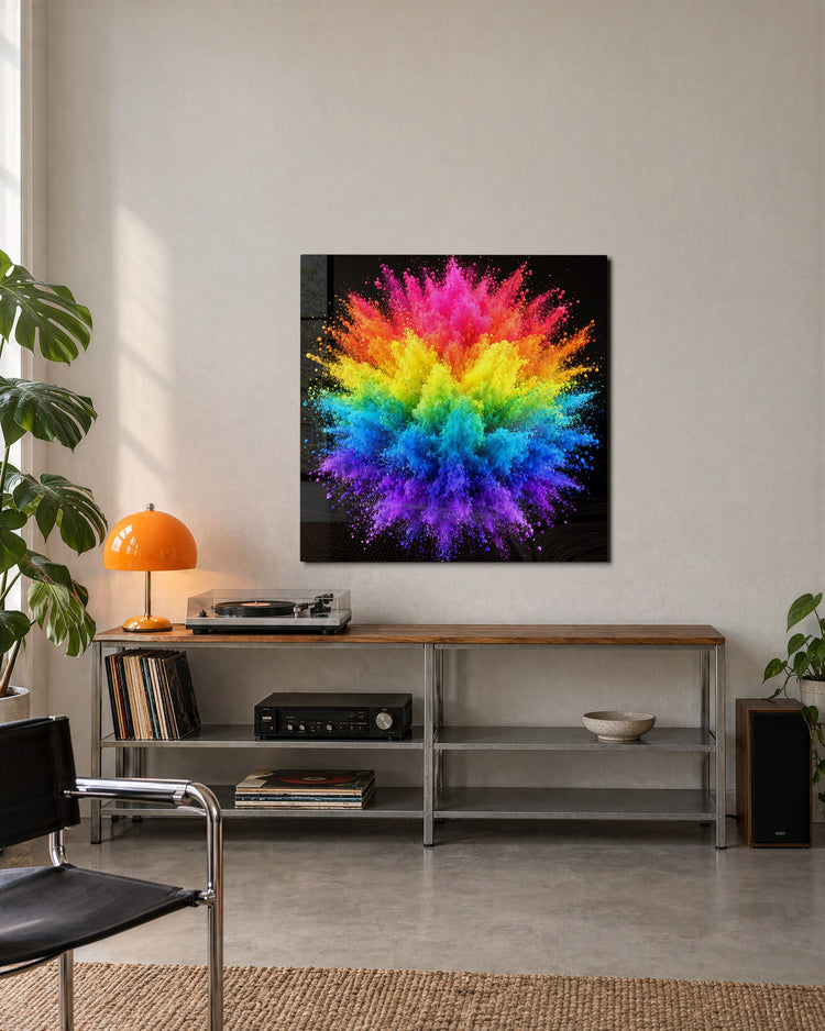 Pigment Explosion glass wall art, lifestyle view