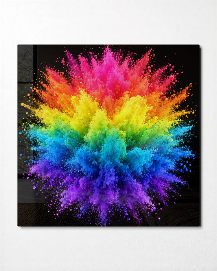 Pigment Explosion glass wall art, front view