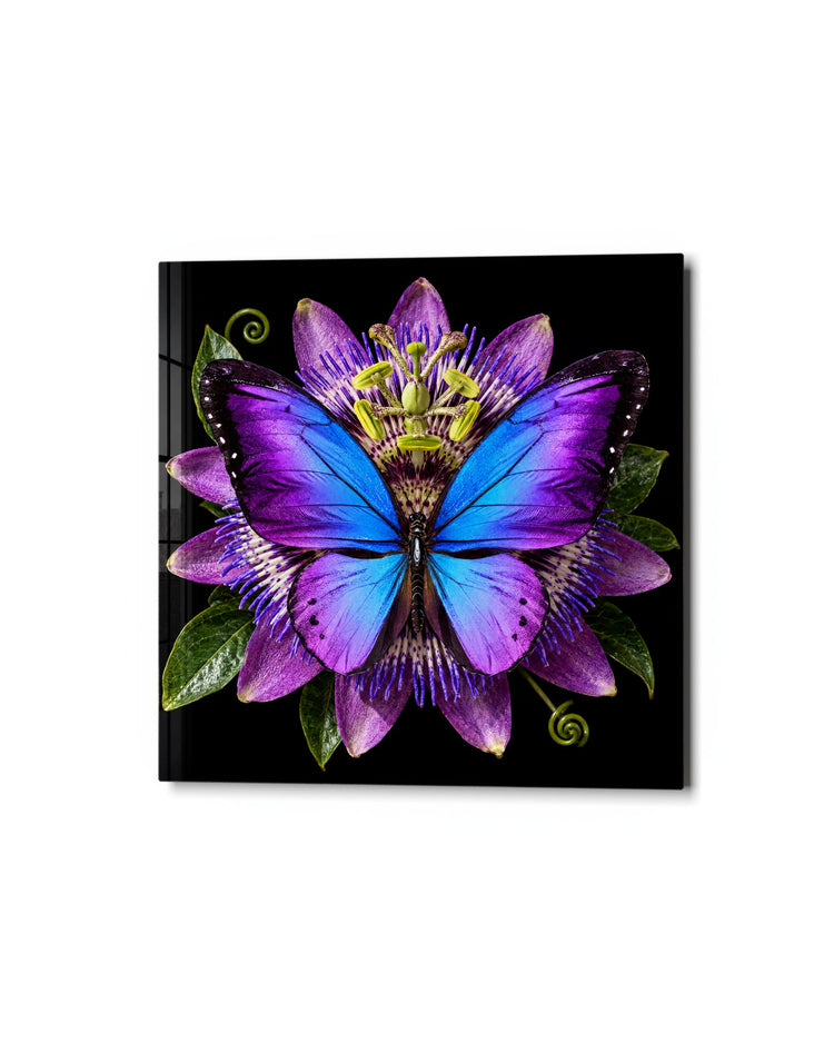 Blue Wings, Purple Bloom glass wall art, studio view