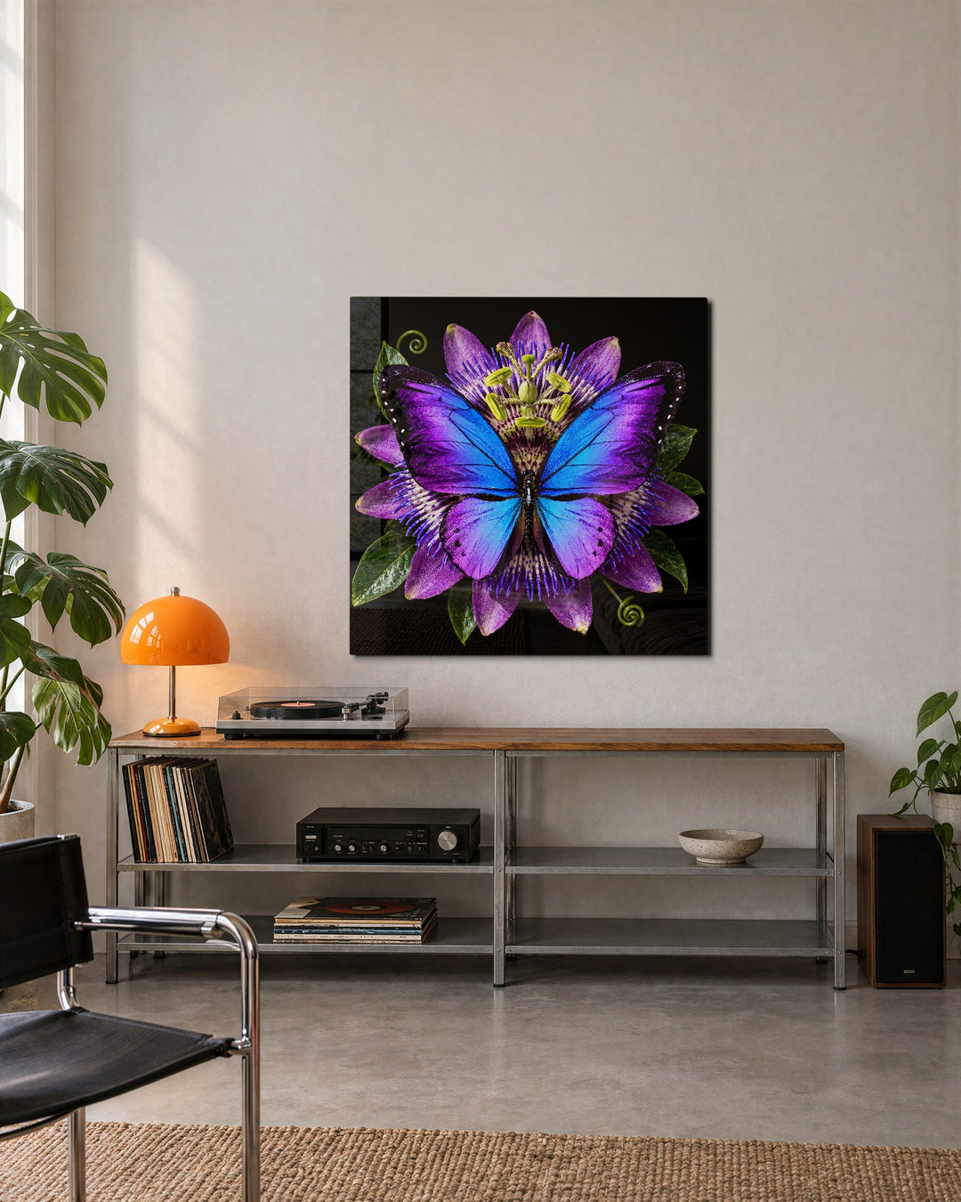 Blue Wings, Purple Bloom glass wall art, lifestyle view