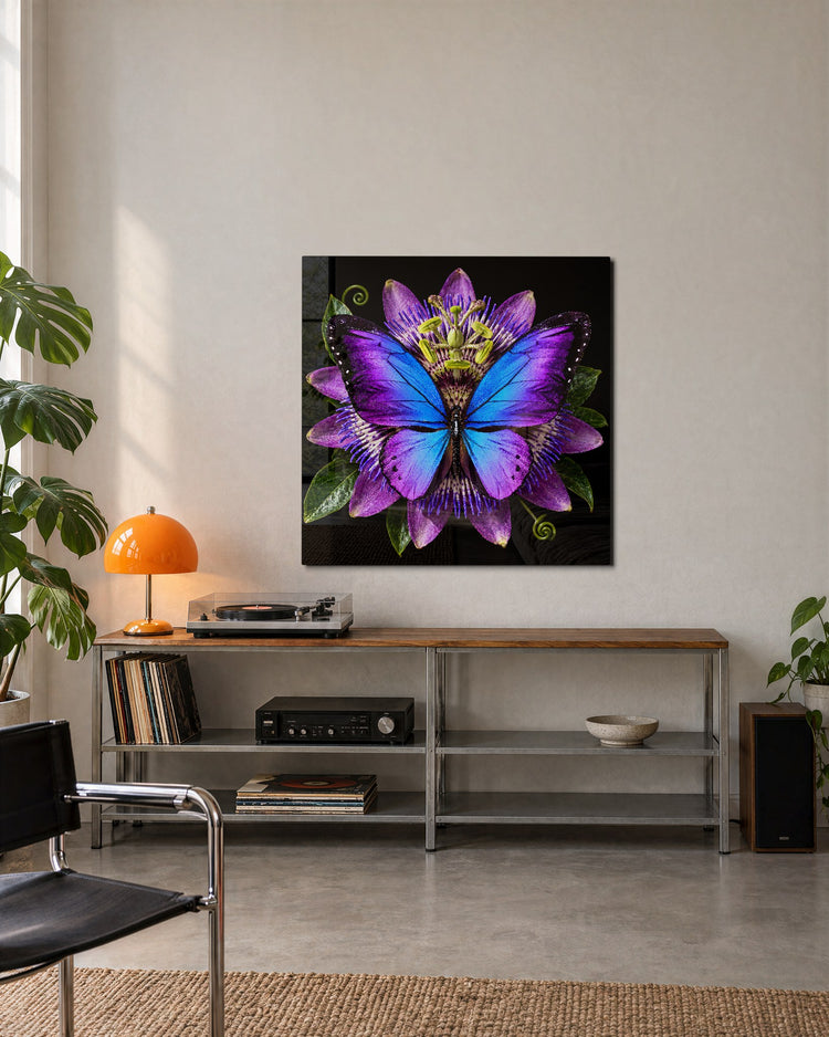 Blue Wings, Purple Bloom glass wall art, lifestyle view