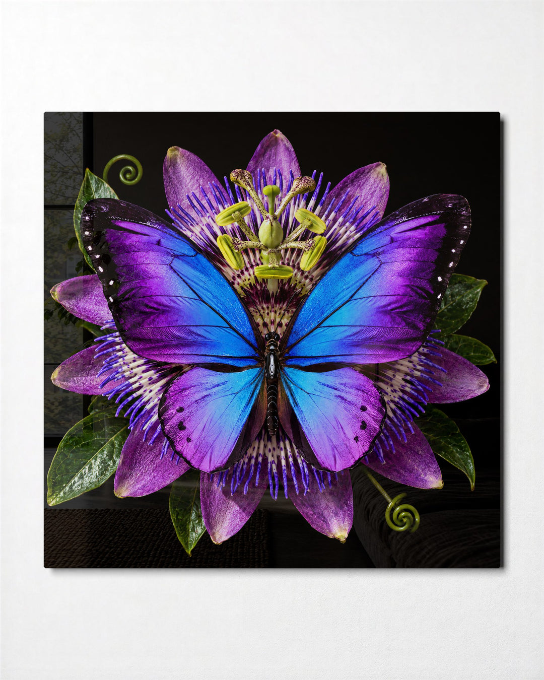 Blue Wings, Purple Bloom glass wall art, front view