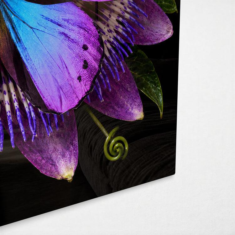 Blue Wings, Purple Bloom glass wall art, corner view