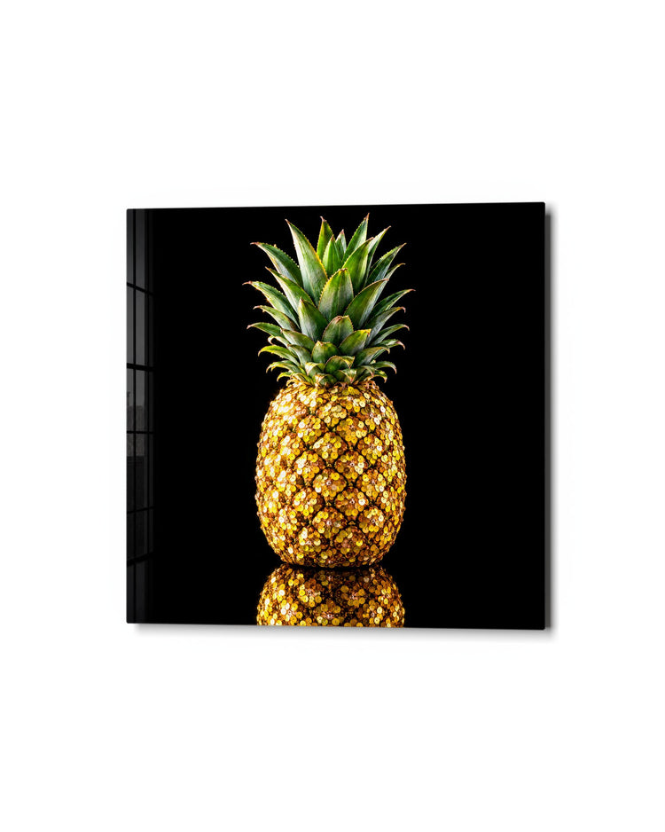 Golden Fruit in Sequins glass wall art, studio view
