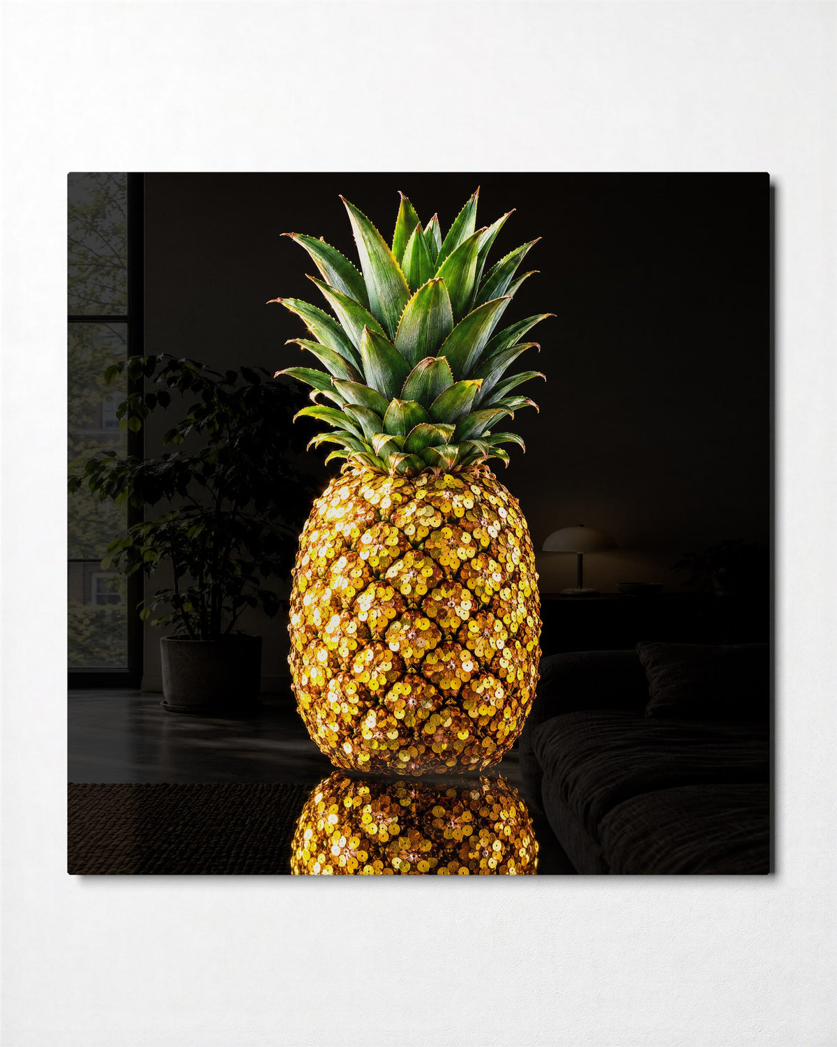 Golden Fruit in Sequins glass wall art, front view