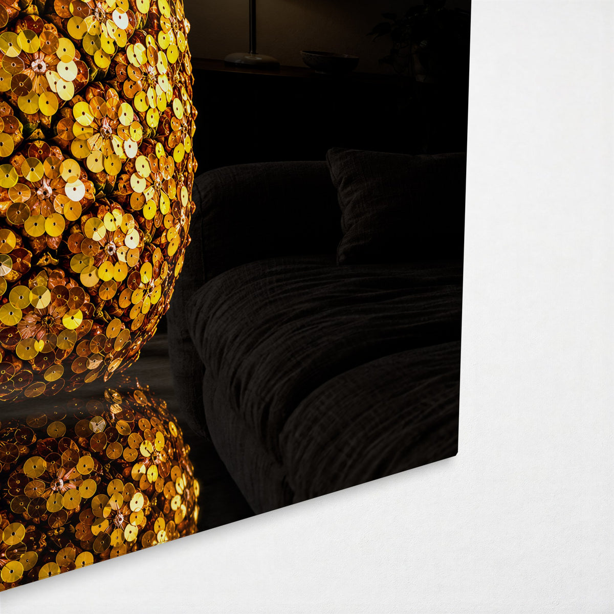 Golden Fruit in Sequins glass wall art, corner view
