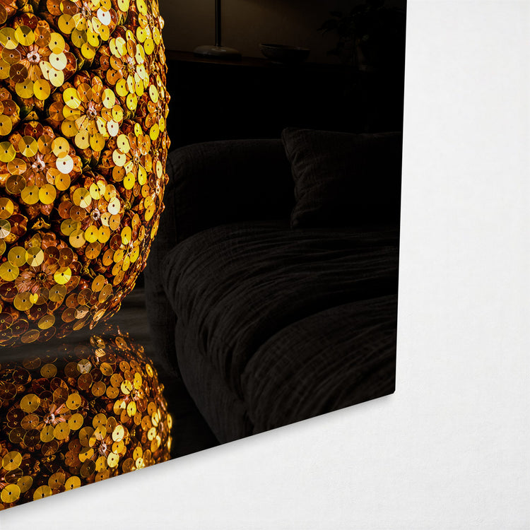 Golden Fruit in Sequins glass wall art, corner view
