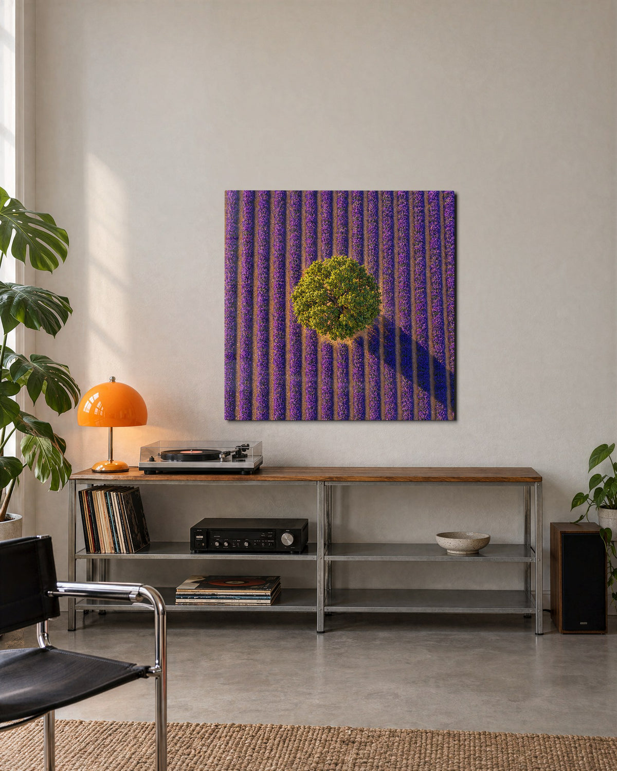 Round Crown, Purple Rows glass wall art, lifestyle view