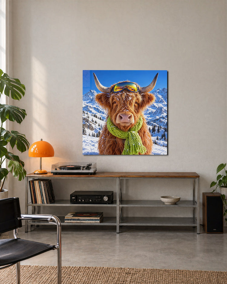 Ski Day, Shaggy Edition glass wall art, lifestyle view
