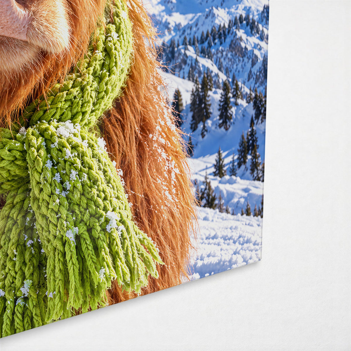 Ski Day, Shaggy Edition glass wall art, corner view