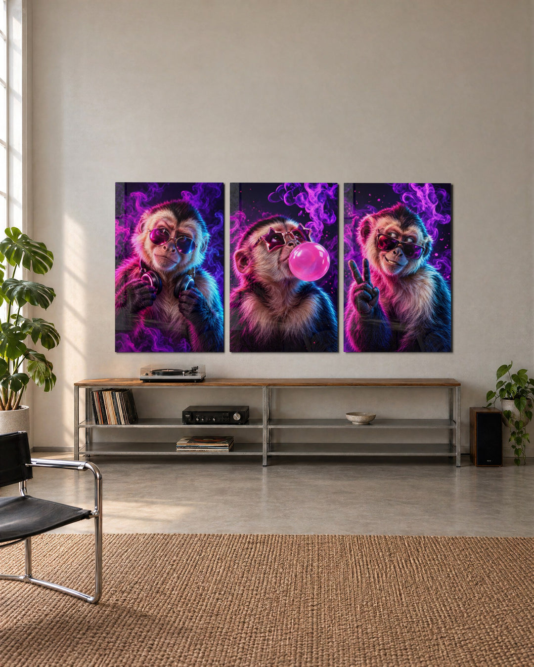 Cool Capuchin, Three Moods glass wall art, set lifestyle view