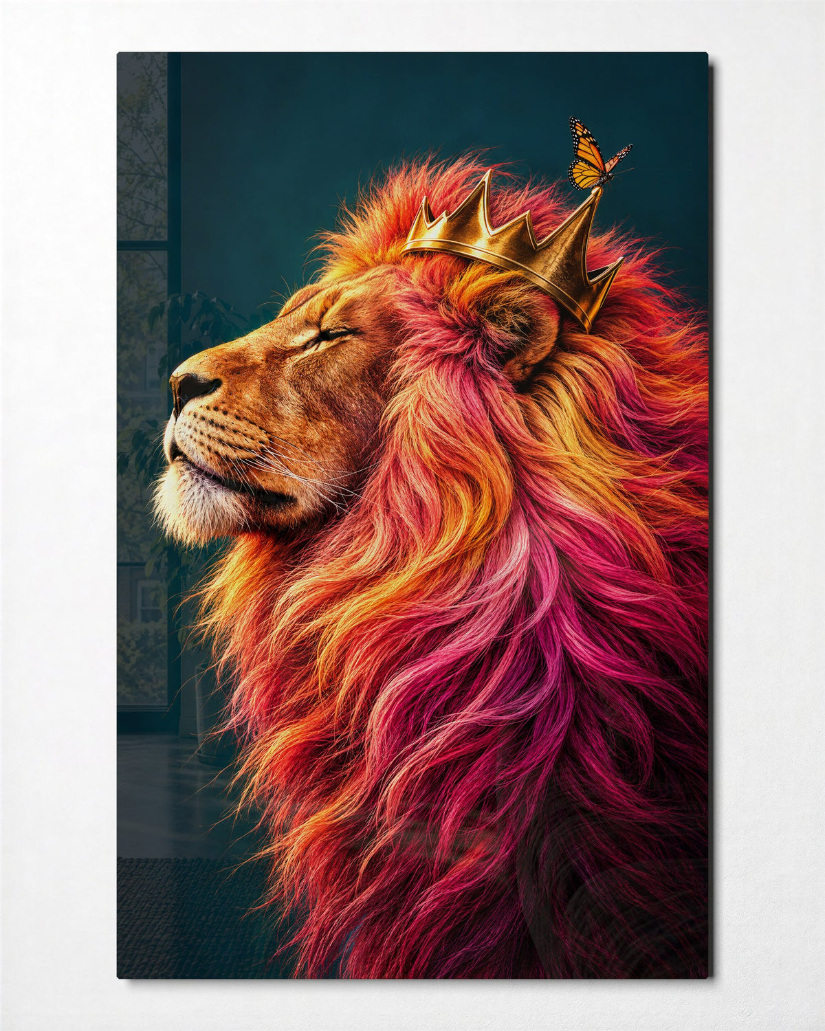 Eyes Closed, Mane Blazing glass wall art, front view