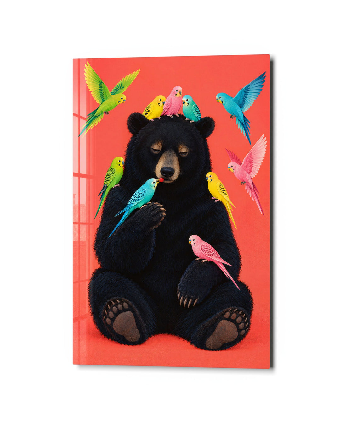 Dark Fur, Bright Parrots glass wall art, studio view