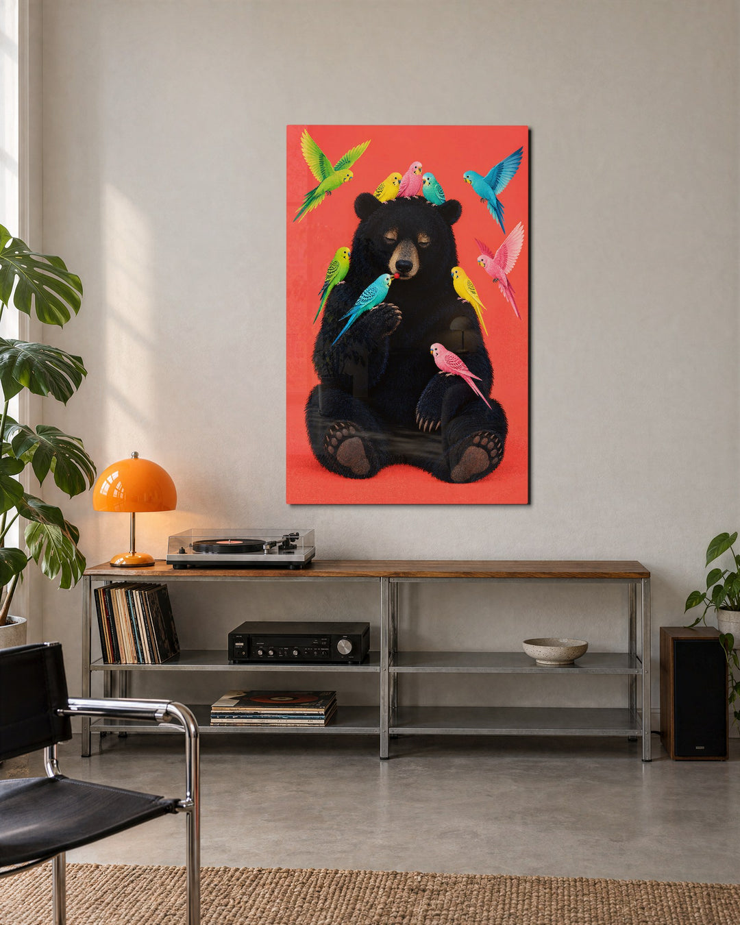 Dark Fur, Bright Parrots glass wall art, lifestyle view