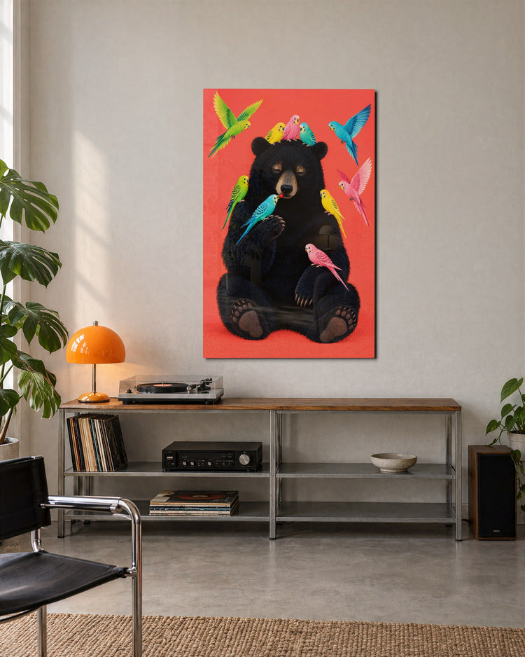 Dark Fur, Bright Parrots glass wall art, lifestyle view