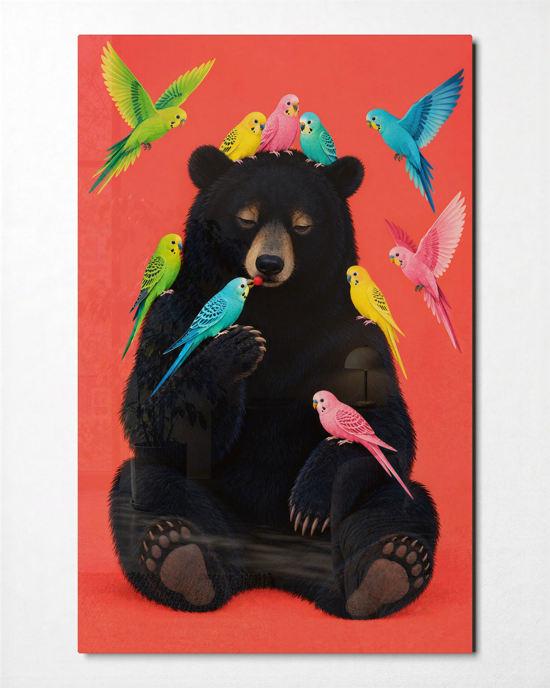 Dark Fur, Bright Parrots glass wall art, front view