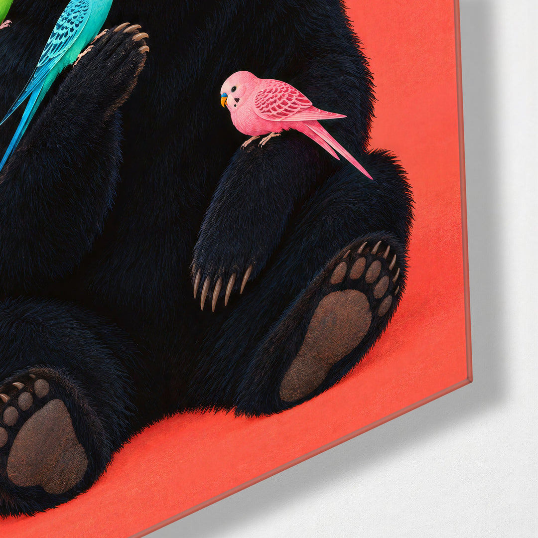 Dark Fur, Bright Parrots glass wall art, corner view