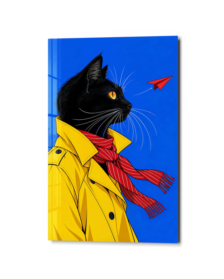 Cat in a Mustard Coat glass wall art, studio view