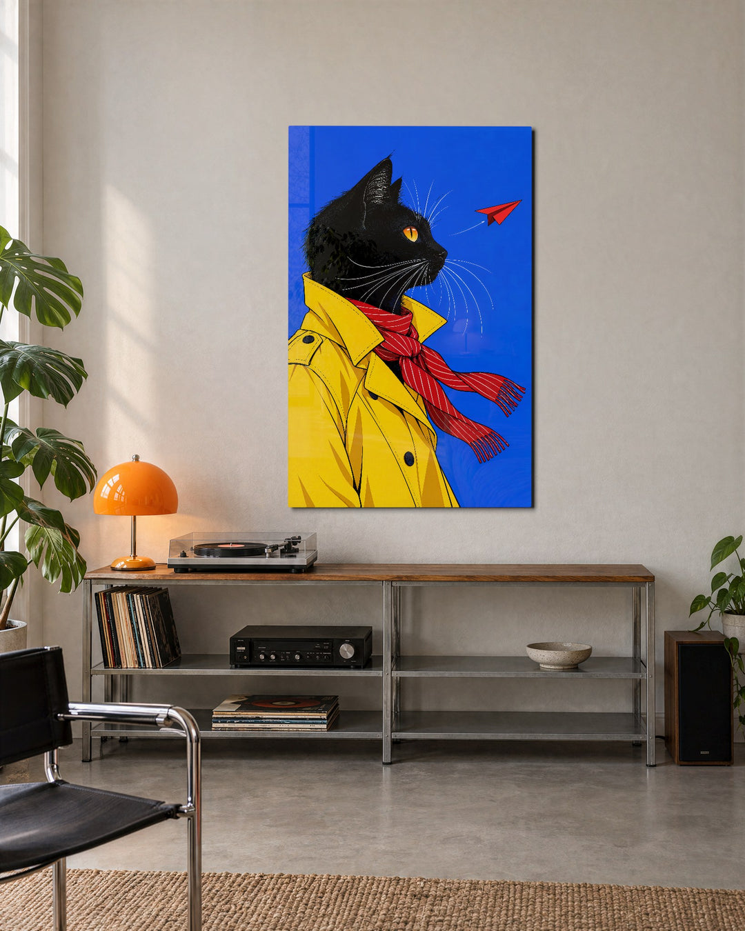 Cat in a Mustard Coat glass wall art, lifestyle view