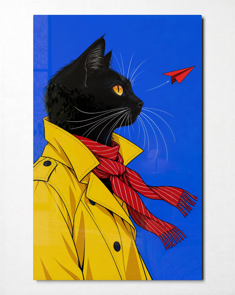 Cat in a Mustard Coat glass wall art, front view