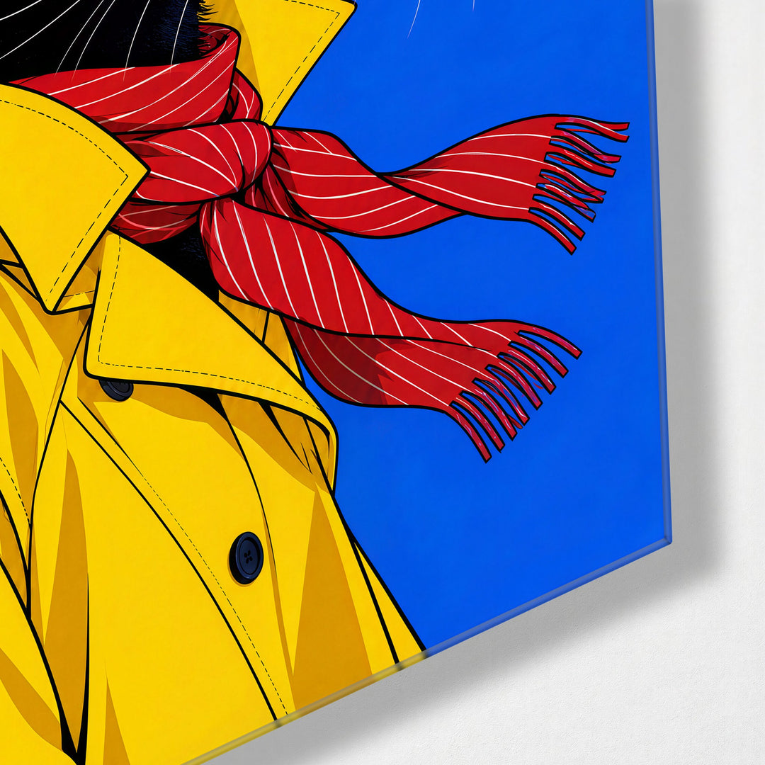 Cat in a Mustard Coat glass wall art, corner view