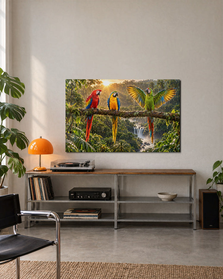 Rainforest Trio in a Downpour glass wall art, lifestyle view