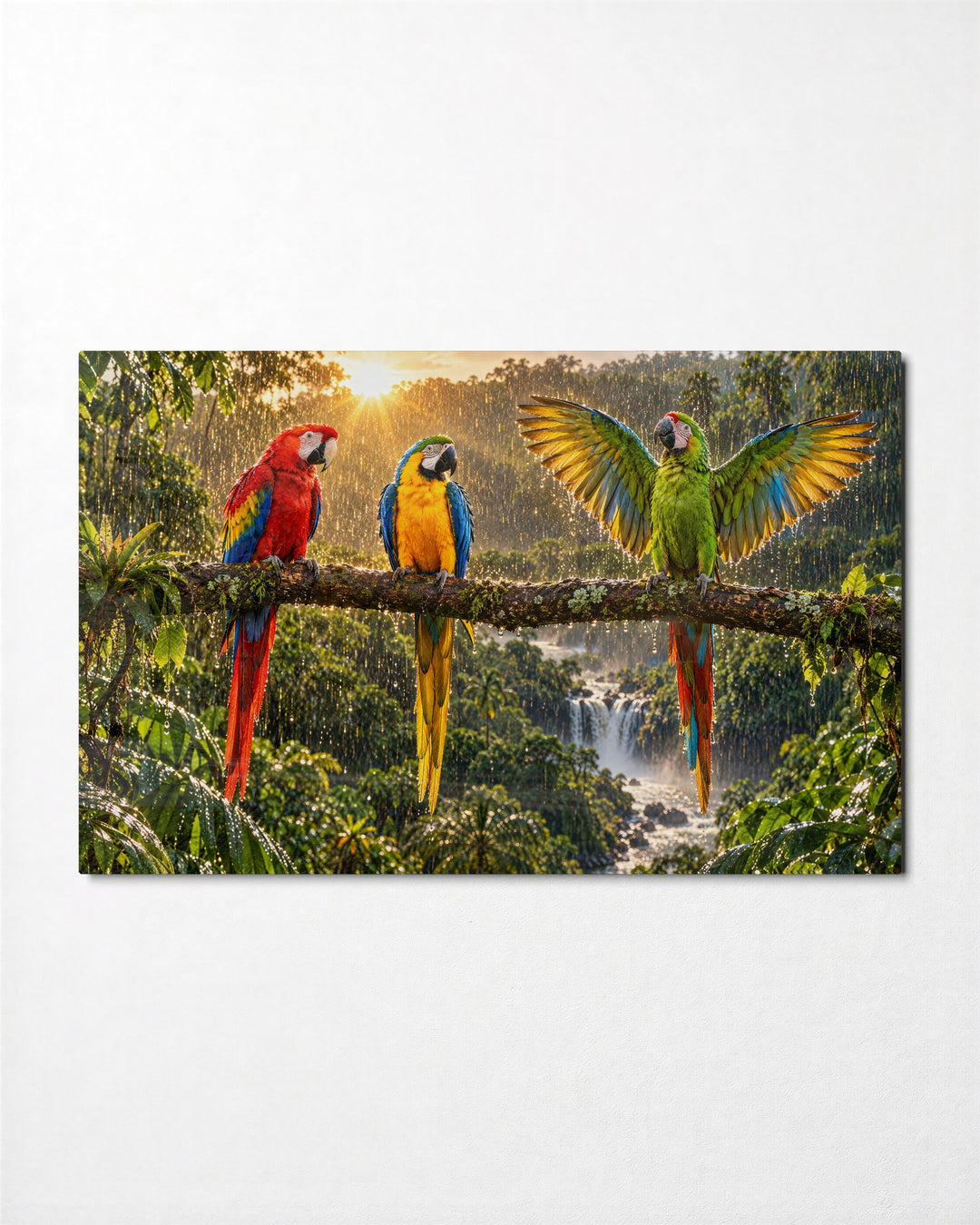 Rainforest Trio in a Downpour glass wall art, front view