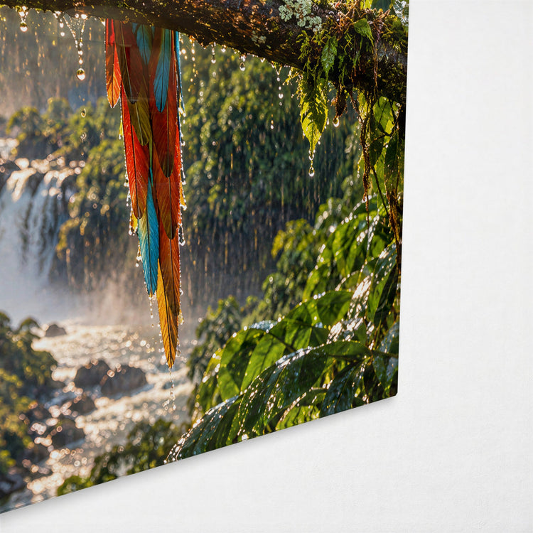 Rainforest Trio in a Downpour glass wall art, corner view